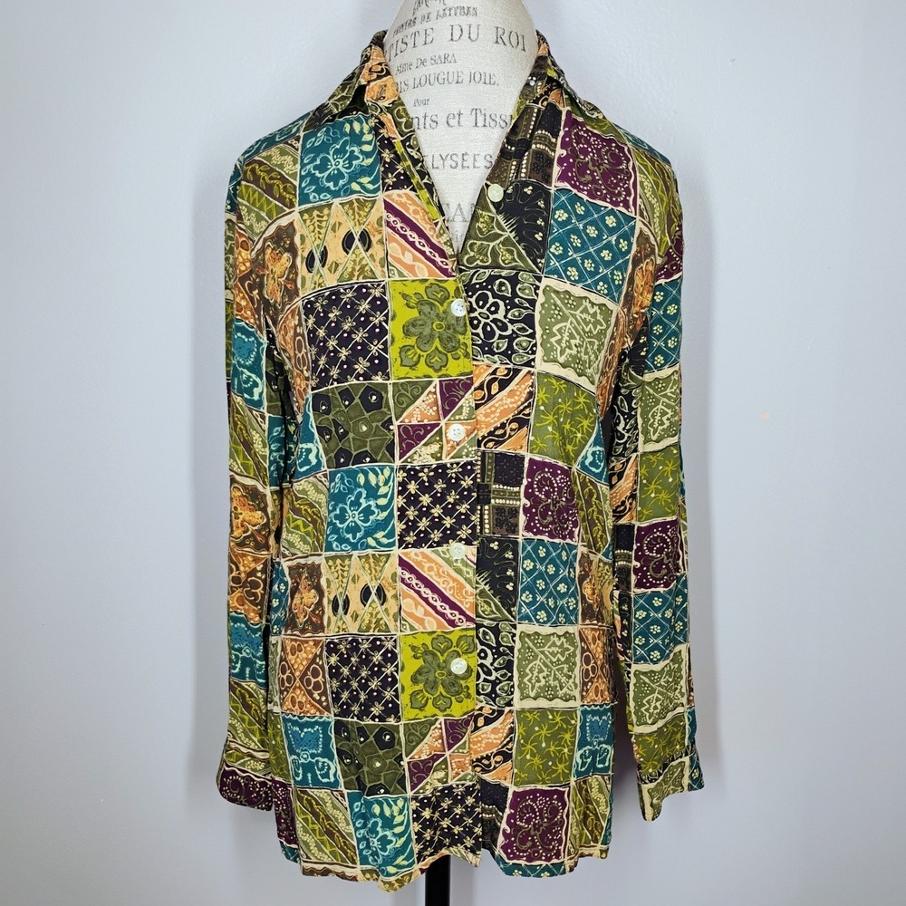 Vintage Jones‎ Wear Button Down Shirt Womens Small Floral Patchwork Boho Hippie